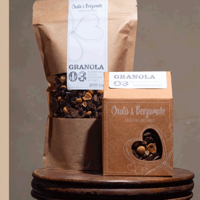 Granola, Hazelnoot / Cacao / Melkchocolade, Oxalis et Bergamote